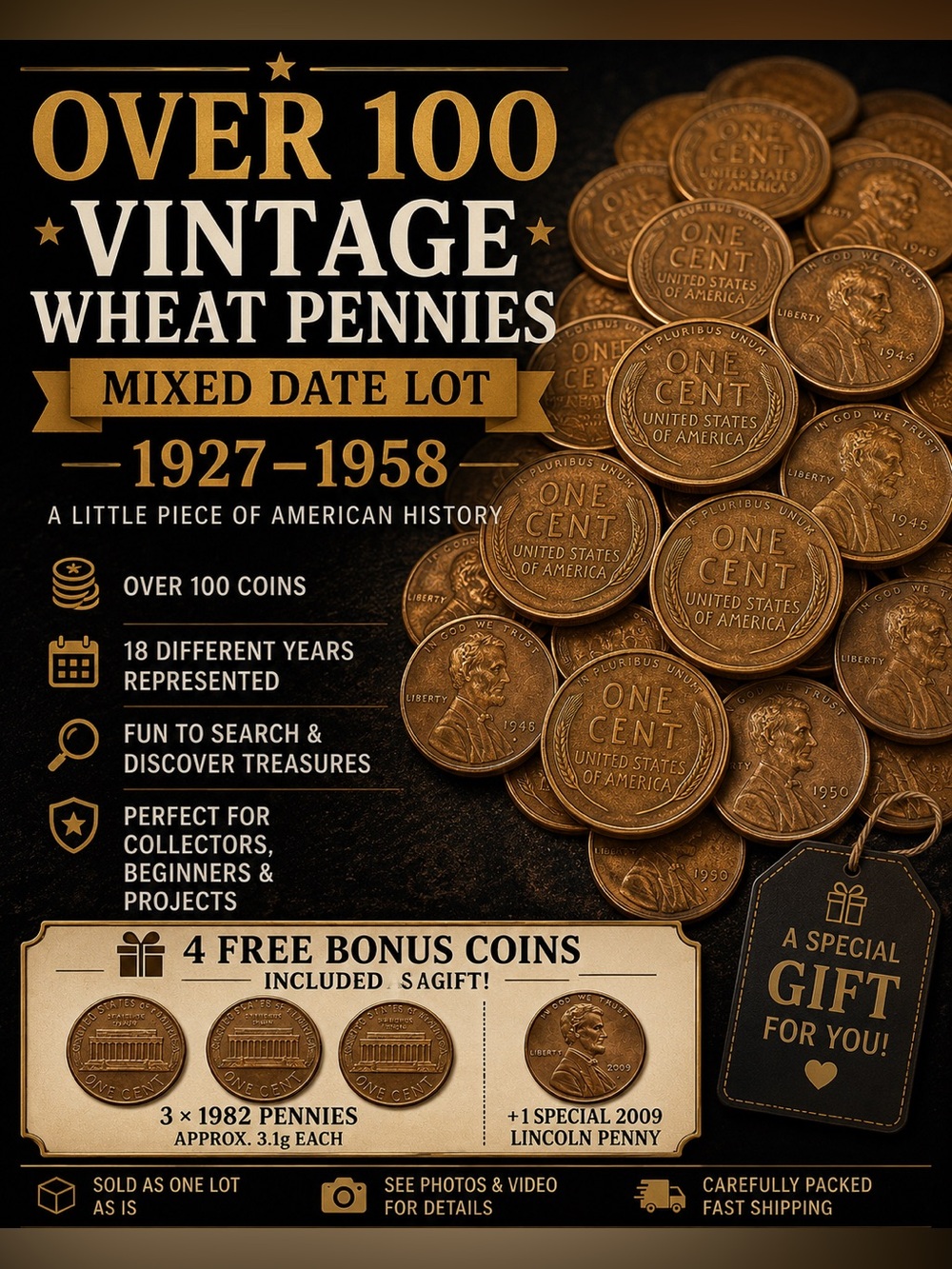 Vintage Wheat Pennies Lot 100+ Coins Mixed Dates 1927–1958 Collector Lot